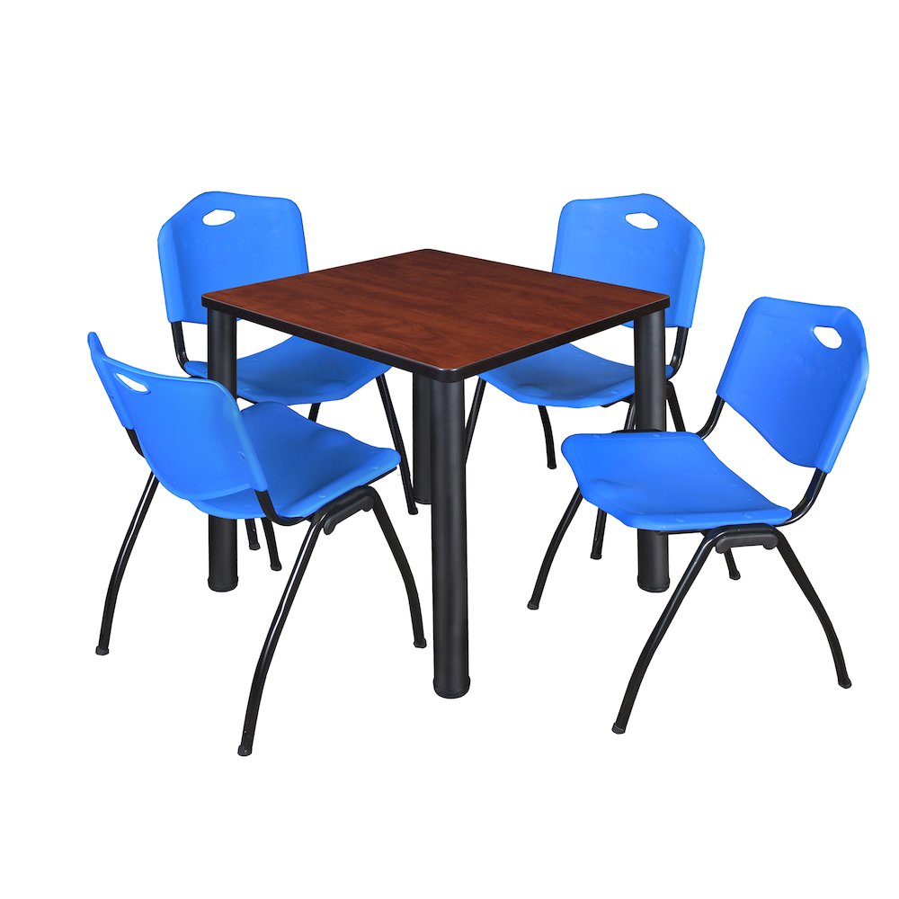 30 in Square Breakroom Table- Cherry Top, Black Legs, 4 M Stack Chairs- Blue. Picture 1