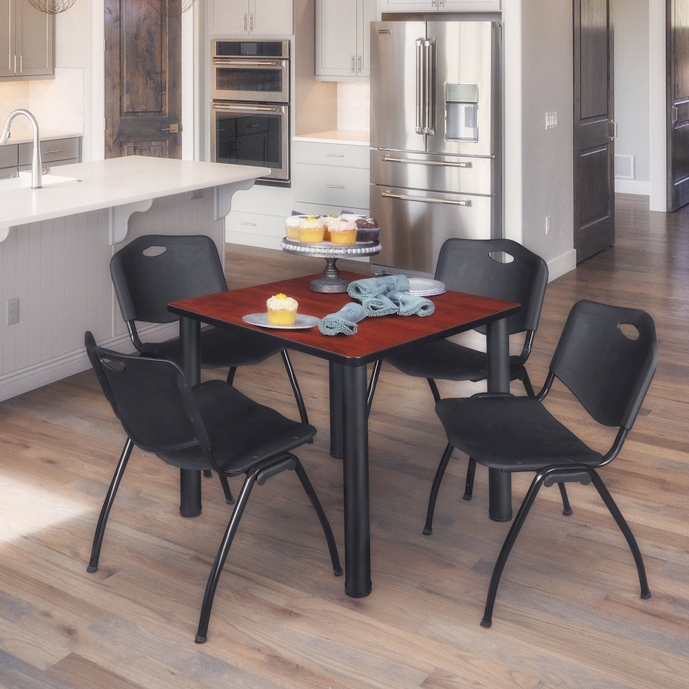 30 in Square Breakroom Table- Cherry Top, Black Legs, 4 M Stack Chairs- Black. Picture 7