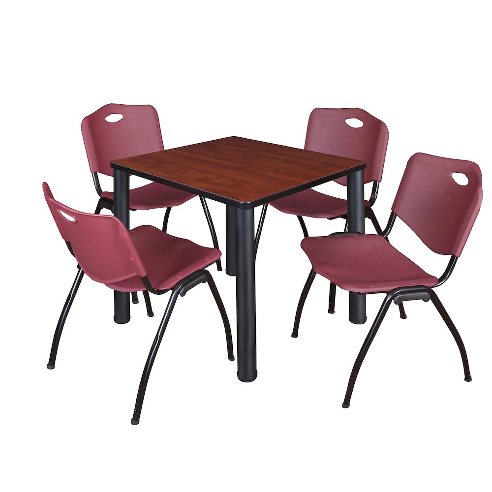 30 in Square Breakroom Table- Cherry Top, Black Legs, 4 M Stack Chairs- Burgundy. Picture 1