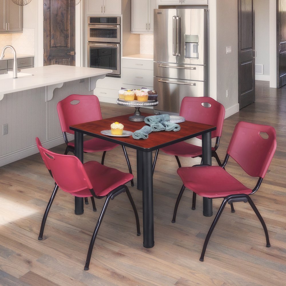 30 in Square Breakroom Table- Cherry Top, Black Legs, 4 M Stack Chairs- Burgundy. Picture 7