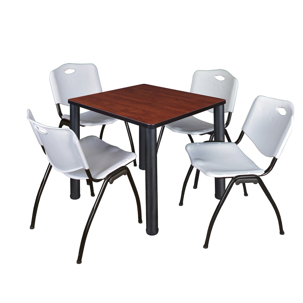 30 in Square Breakroom Table- Cherry Top, Black Legs, 4 M Stack Chairs- Grey. Picture 1