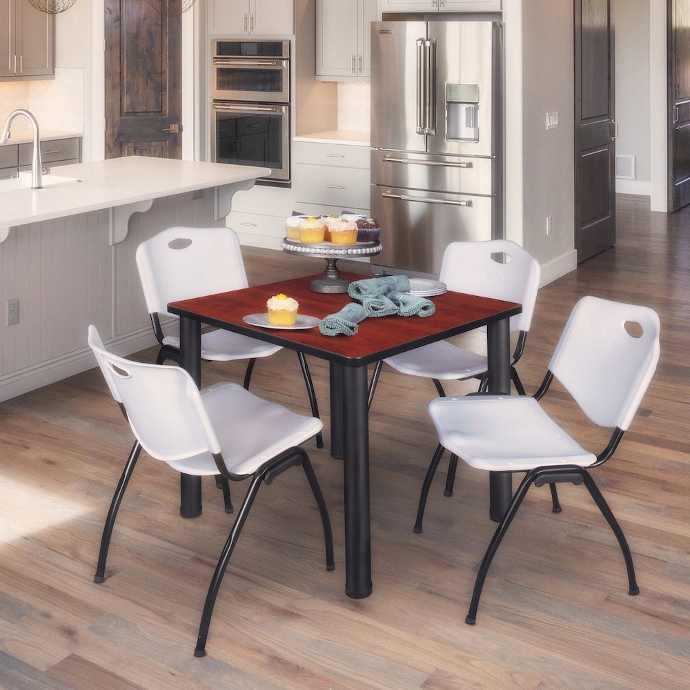 30 in Square Breakroom Table- Cherry Top, Black Legs, 4 M Stack Chairs- Grey. Picture 7