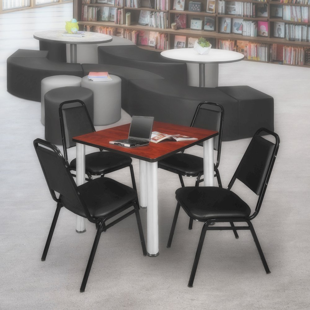 30 in Square Breakroom Table- Cherry Top, Chrome Legs, 4 Restaurant Stack Chairs. Picture 7