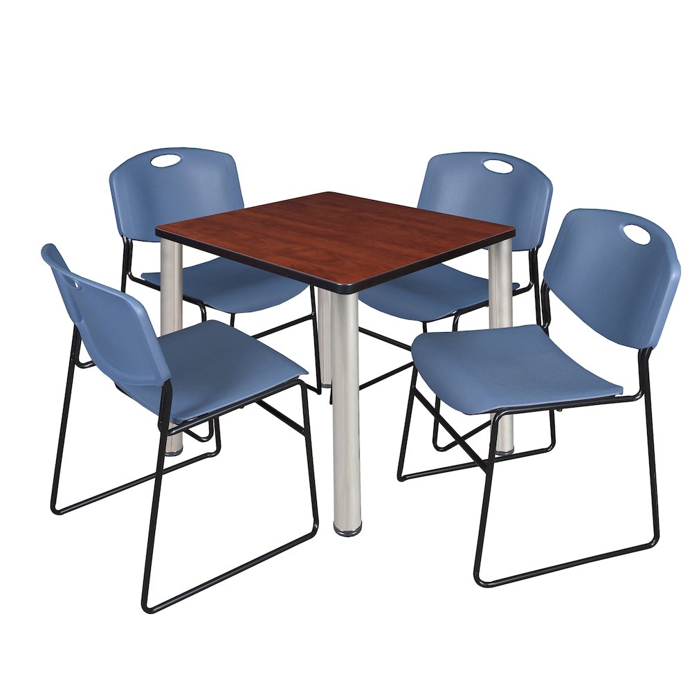 30 in Square Breakroom Table- Cherry Top, Chrome Legs, 4 Zeng Stack Chairs- Blue. Picture 1
