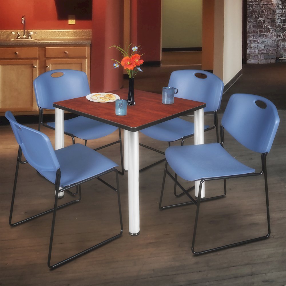 30 in Square Breakroom Table- Cherry Top, Chrome Legs, 4 Zeng Stack Chairs- Blue. Picture 7