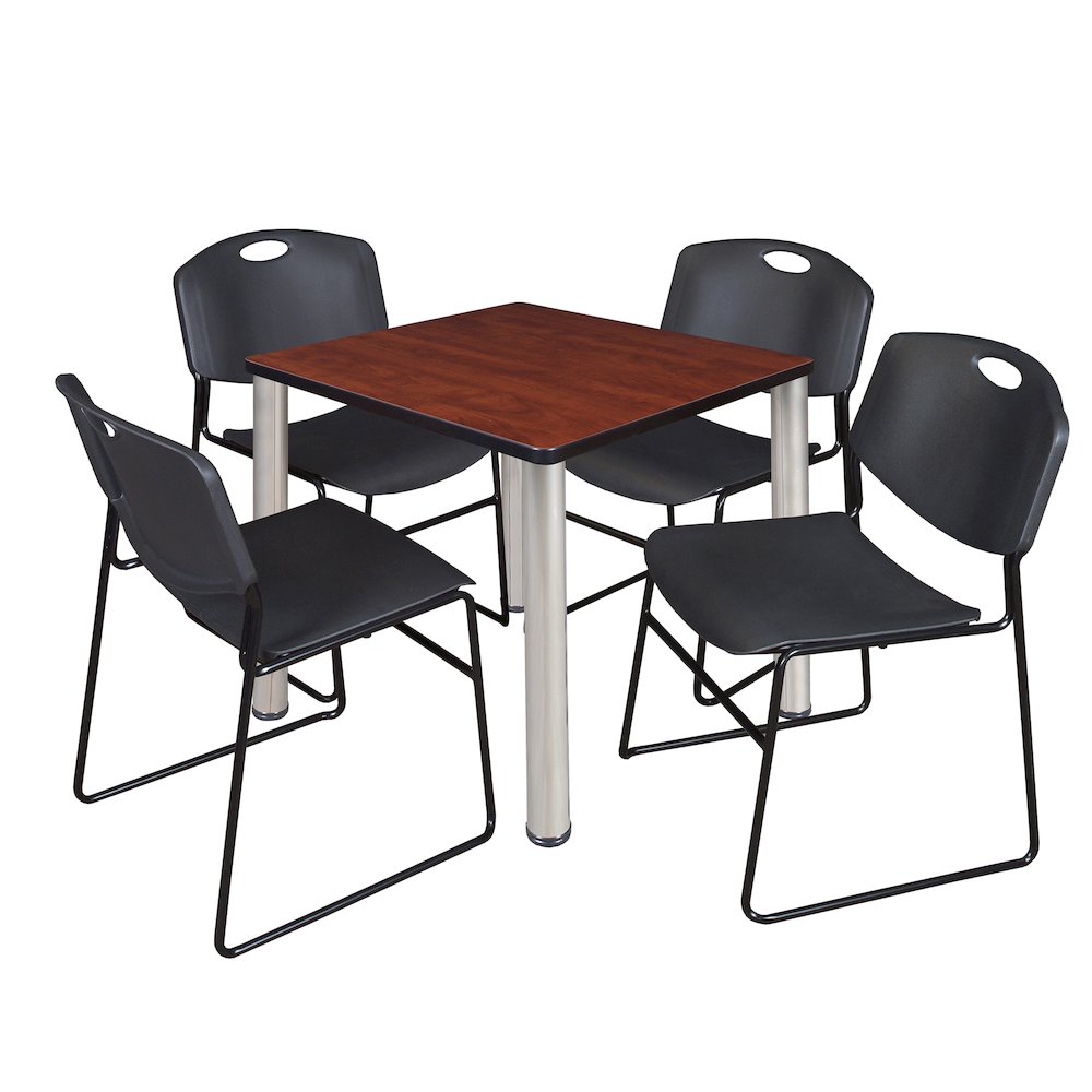 30 Square Breakroom Table- Cherry Top, Chrome Legs, 4 Zeng Stack Chairs- Black. Picture 1