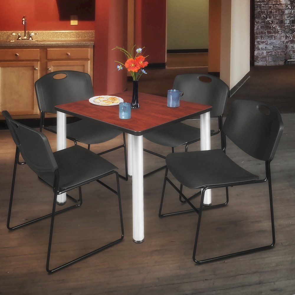30 Square Breakroom Table- Cherry Top, Chrome Legs, 4 Zeng Stack Chairs- Black. Picture 7