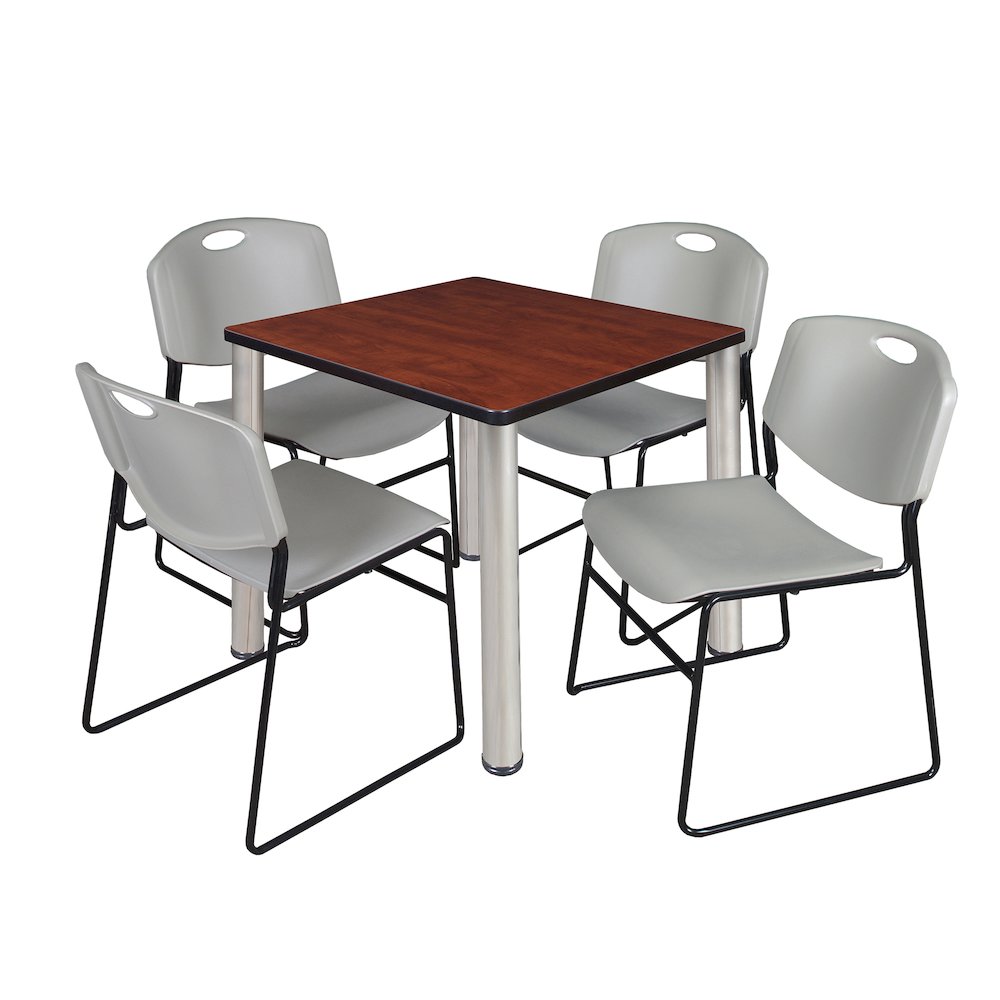 30 in Square Breakroom Table- Cherry Top, Chrome Legs, 4 Zeng Stack Chairs- Grey. Picture 1
