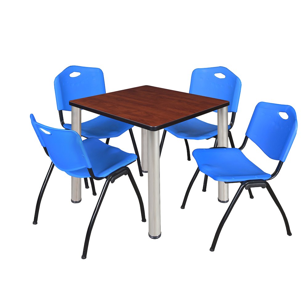 30 in Square Breakroom Table- Cherry Top, Chrome Legs, 4 M Stack Chairs- Blue. Picture 1