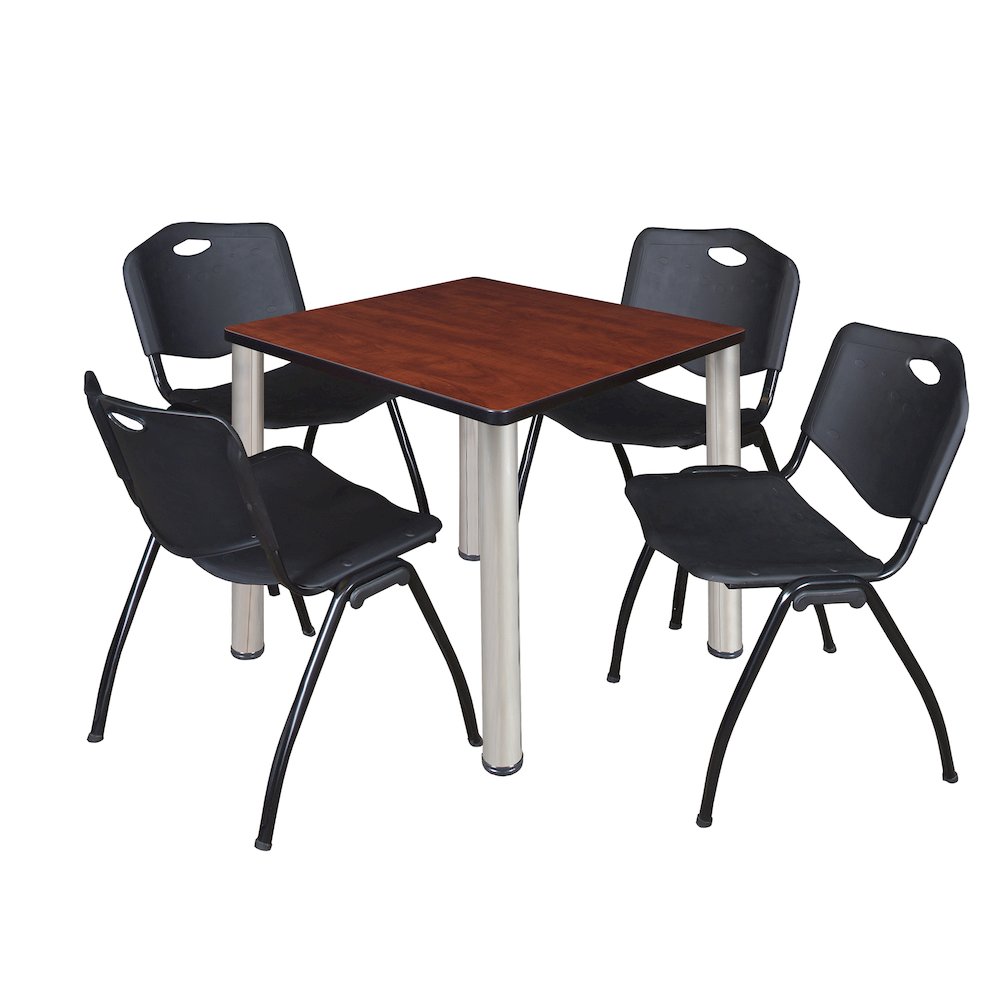 30 in Square Breakroom Table- Cherry Top, Chrome Legs, 4 M Stack Chairs- Black. Picture 1