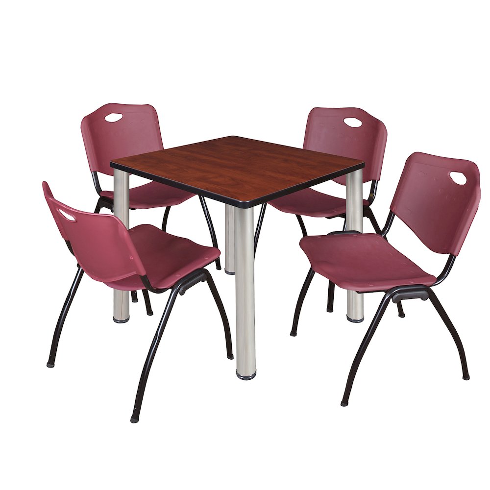 30 Square Breakroom Table- Cherry Top, Chrome Legs, 4 M Stack Chairs- Burgundy. Picture 1
