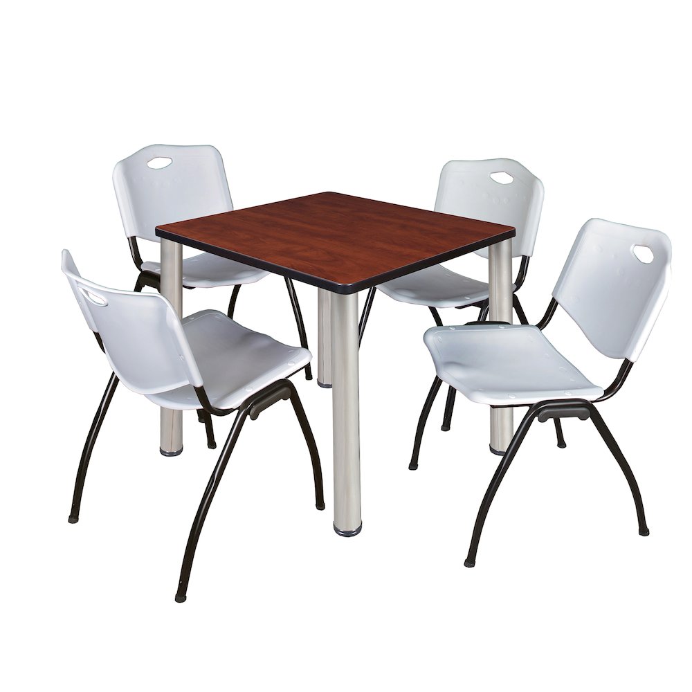 30 in Square Breakroom Table- Cherry Top, Chrome Legs, 4 M Stack Chairs- Grey. Picture 1