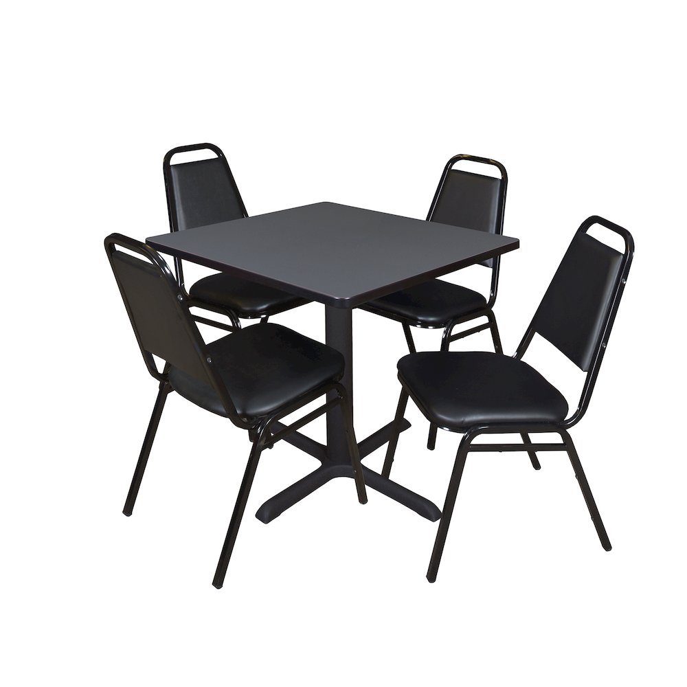 Small 30 Square X-Base Breakroom Table- Grey & 4 Restaurant Stack Chairs- Black. Picture 1