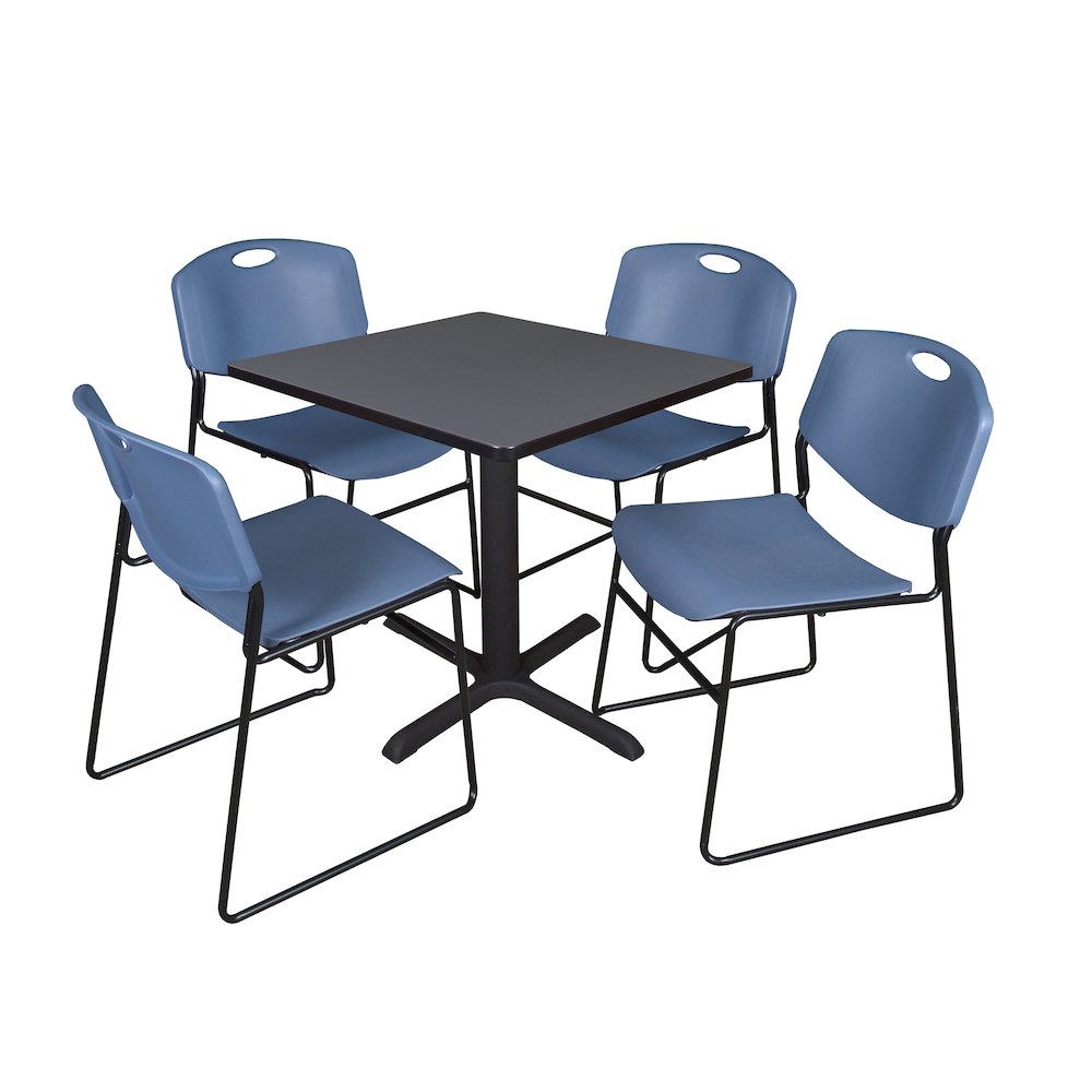 Small 30 in. Square X-Base Breakroom Table- Grey & 4 Zeng Stack Chairs- Blue. Picture 1