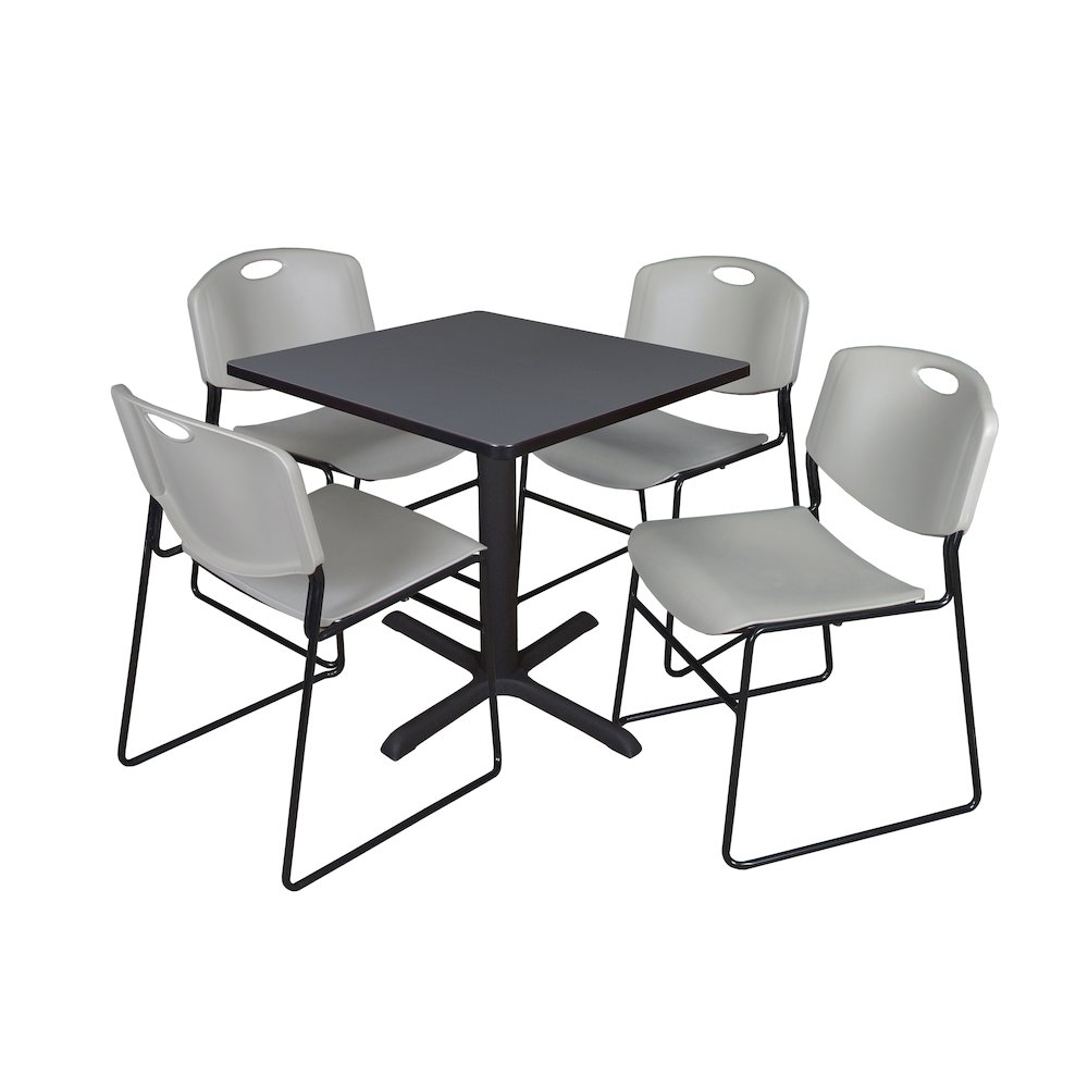Small 30 in. Square X-Base Breakroom Table- Grey & 4 Zeng Stack Chairs- Grey. Picture 1