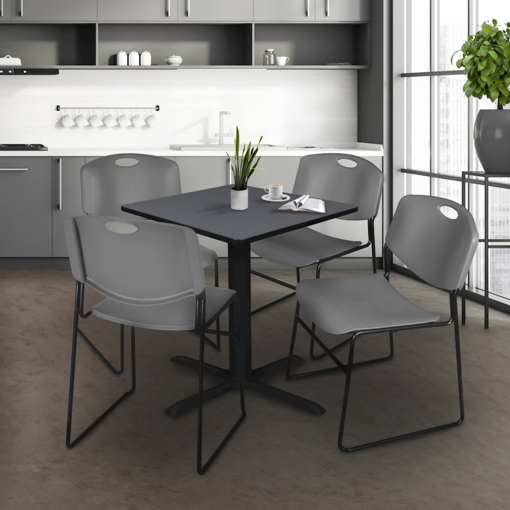 Small 30 in. Square X-Base Breakroom Table- Grey & 4 Zeng Stack Chairs- Grey. Picture 9
