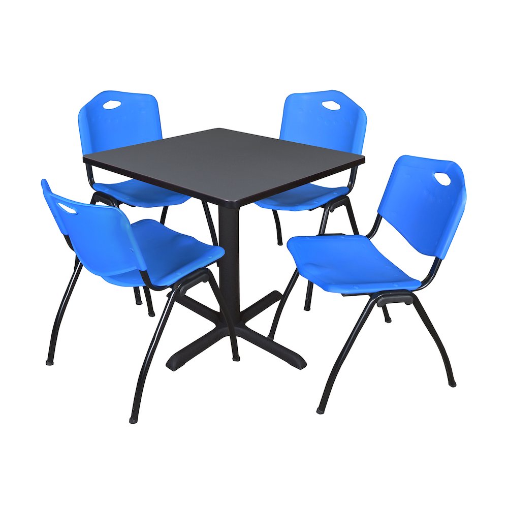 Small 30 in. Square X-Base Breakroom Table- Grey & 4 M Stack Chairs- Blue. Picture 1