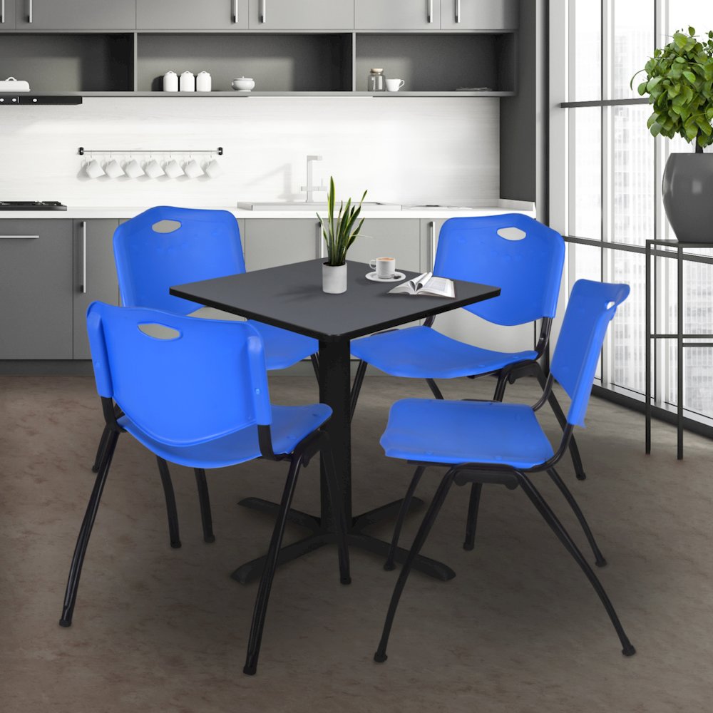 Small 30 in. Square X-Base Breakroom Table- Grey & 4 M Stack Chairs- Blue. Picture 9