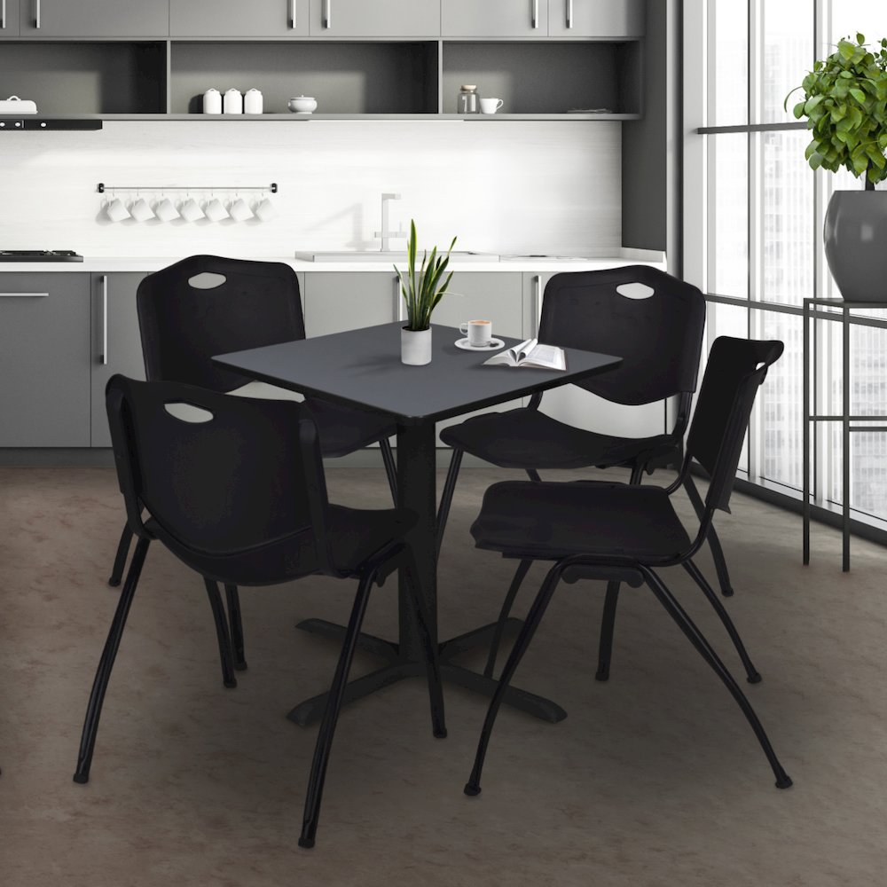 Small 30 in. Square X-Base Breakroom Table- Grey & 4 M Stack Chairs- Black. Picture 9