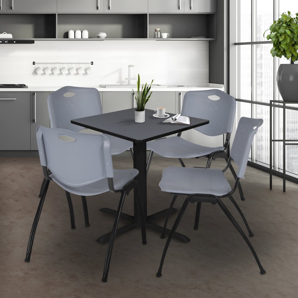 Small 30 in. Square X-Base Breakroom Table- Grey & 4 M Stack Chairs- Grey. Picture 9