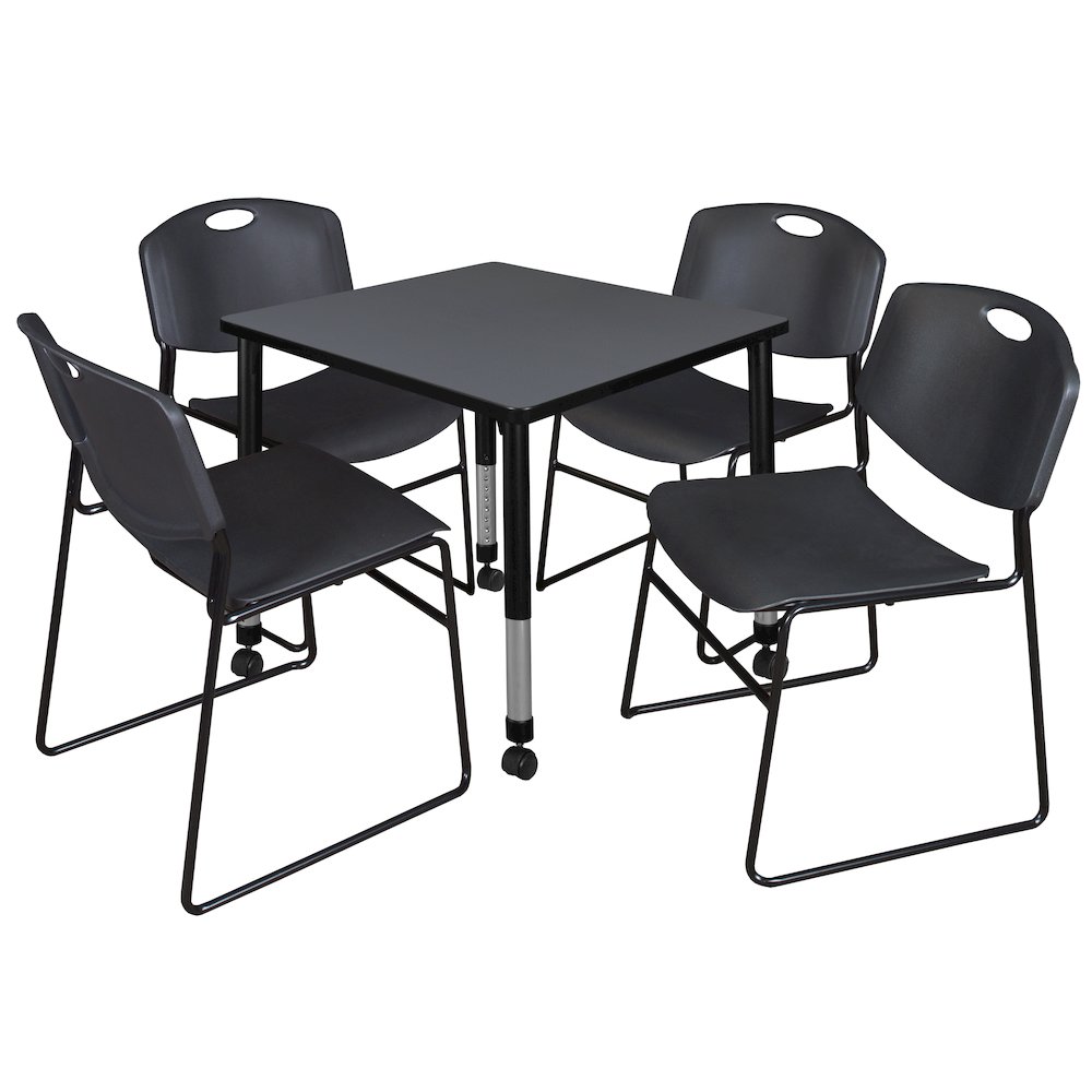 30 Square Mobile Adjustable Classroom Table- Grey & 4 Zeng Stack Chairs- Black. Picture 1