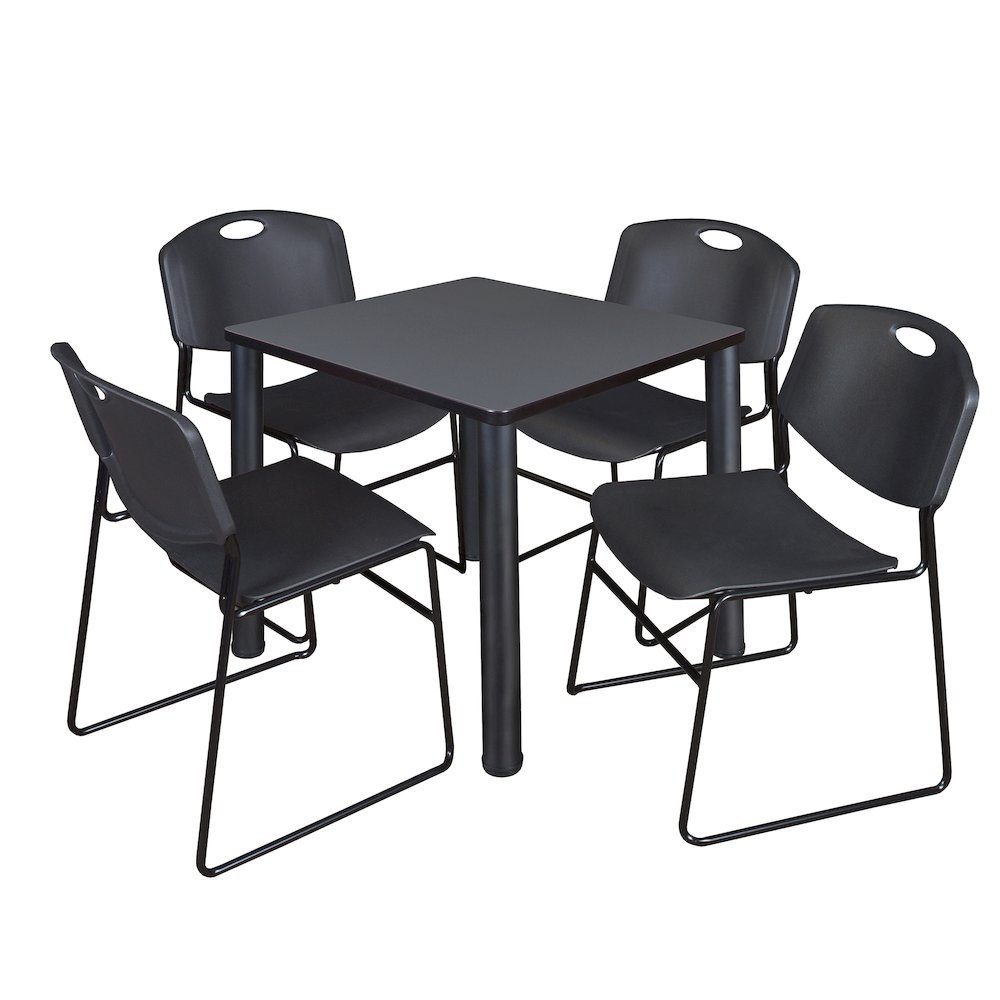 30 in Square Breakroom Table- Grey Top, Black Legs, 4 Zeng Stack Chairs- Black. Picture 1
