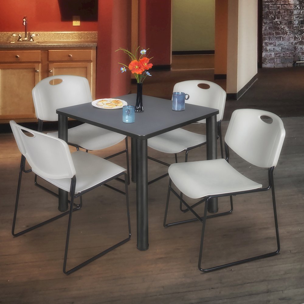 30 in Square Breakroom Table- Grey Top, Black Legs, 4 Zeng Stack Chairs- Grey. Picture 7