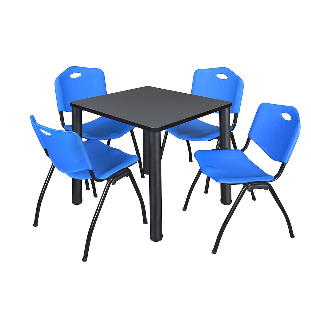 30 in Square Breakroom Table- Grey Top, Black Legs, 4 M Stack Chairs- Blue. Picture 1