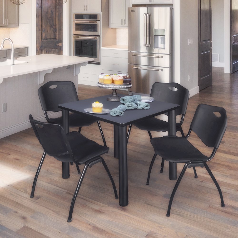 30 in Square Breakroom Table- Grey Top, Black Legs, 4 M Stack Chairs- Black. Picture 7