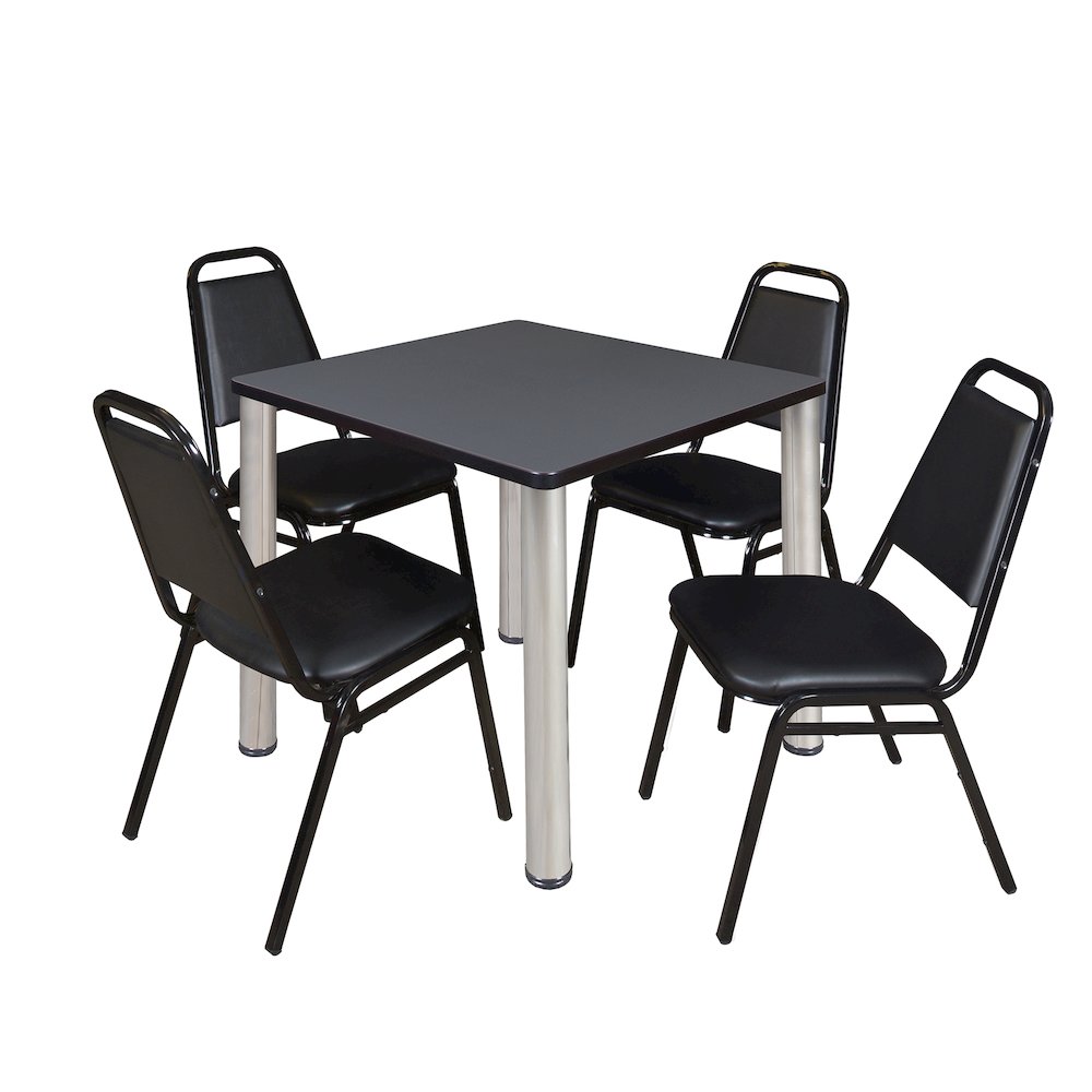 30 in Square Breakroom Table- Grey Top, Chrome Legs, 4 Restaurant Stack Chairs. Picture 1