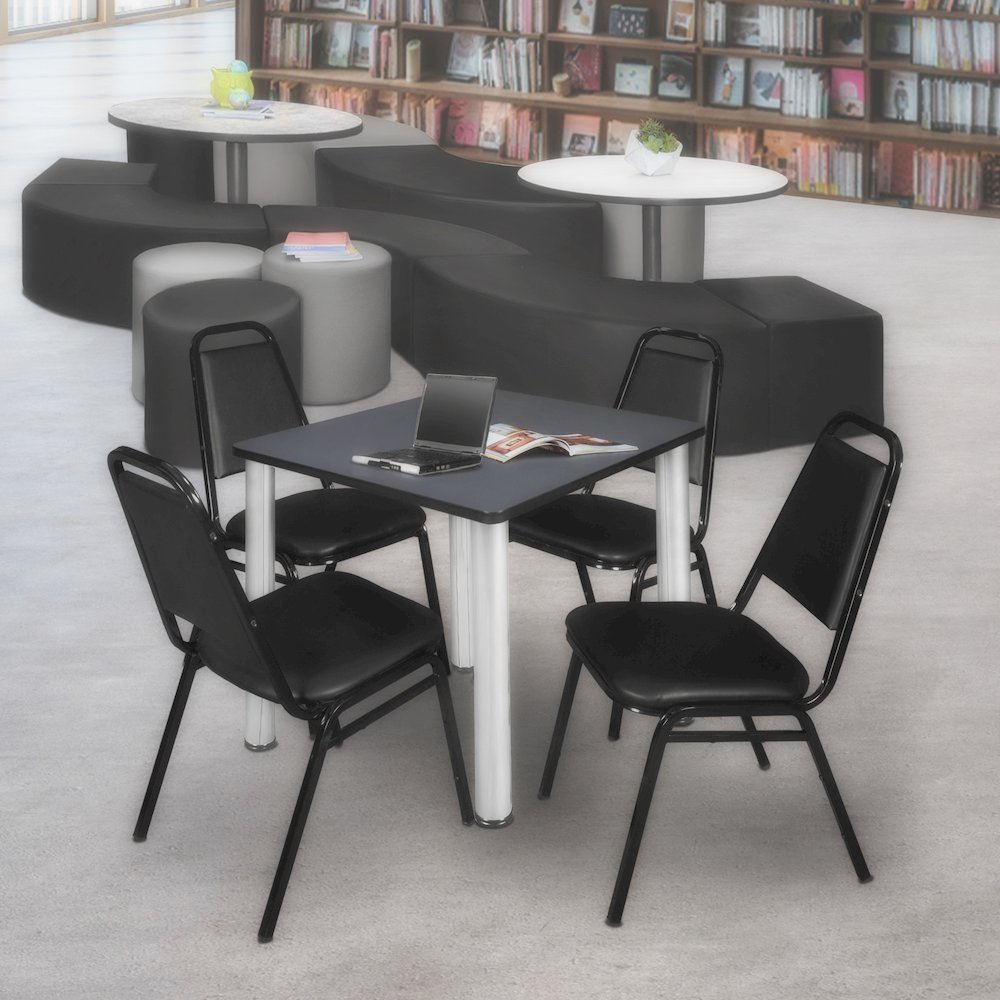 30 in Square Breakroom Table- Grey Top, Chrome Legs, 4 Restaurant Stack Chairs. Picture 7