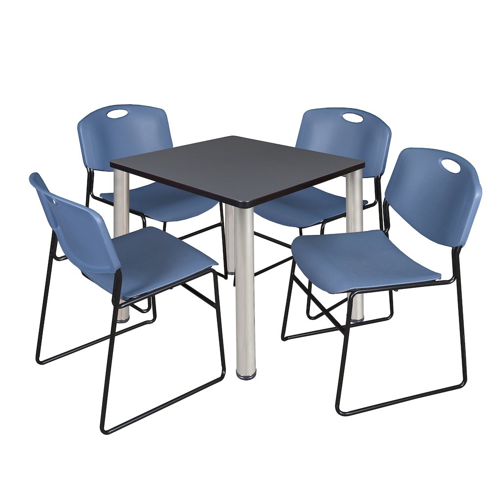 30 in Square Breakroom Table- Grey Top, Chrome Legs, 4 Zeng Stack Chairs- Blue. Picture 1