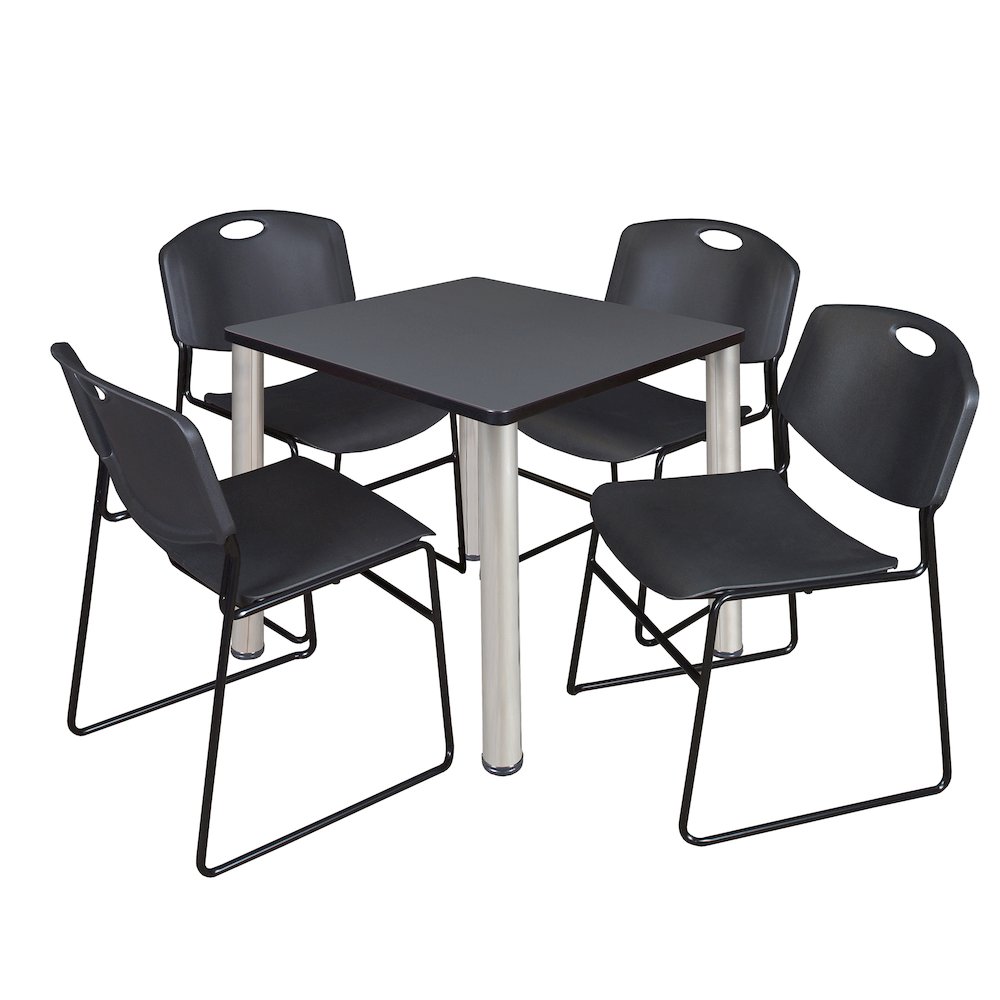 30 in Square Breakroom Table- Grey Top, Chrome Legs, 4 Zeng Stack Chairs- Black. Picture 1