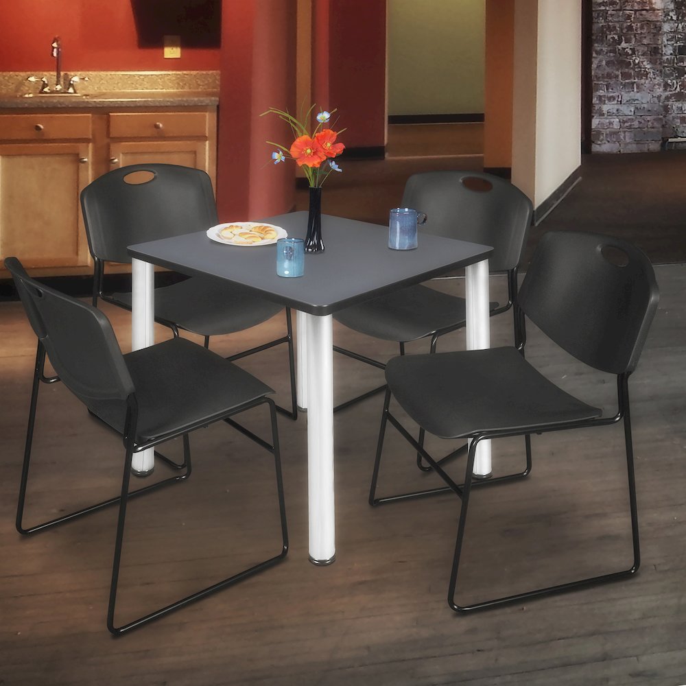 30 in Square Breakroom Table- Grey Top, Chrome Legs, 4 Zeng Stack Chairs- Black. Picture 7