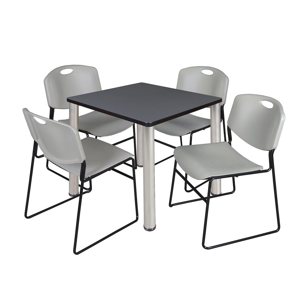 30 in Square Breakroom Table- Grey Top, Chrome Legs, 4 Zeng Stack Chairs- Grey. Picture 1