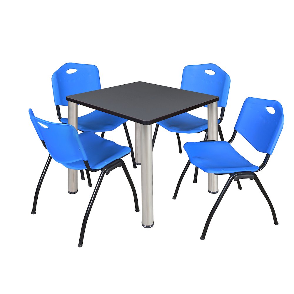 30 in Square Breakroom Table- Grey Top, Chrome Legs, 4 M Stack Chairs- Blue. Picture 1