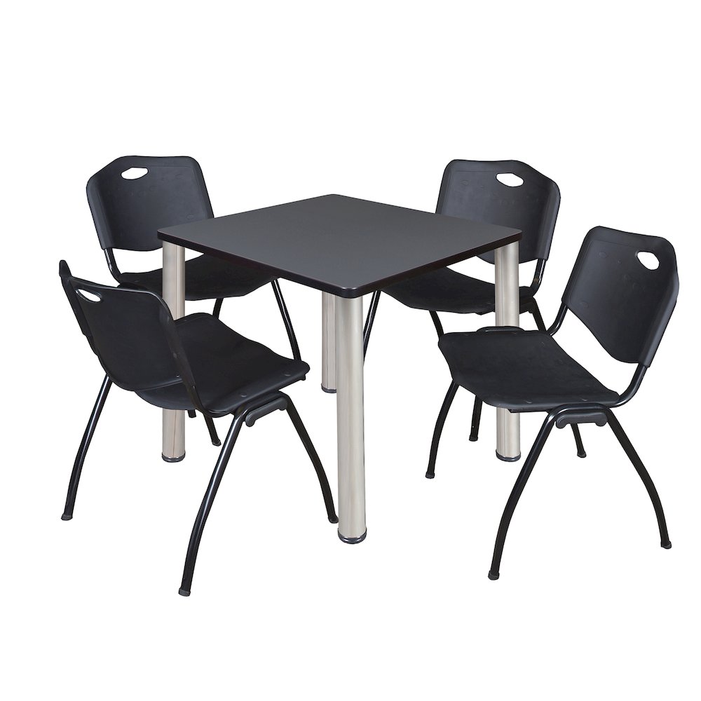 30 in Square Breakroom Table- Grey Top, Chrome Legs, 4 M Stack Chairs- Black. Picture 1