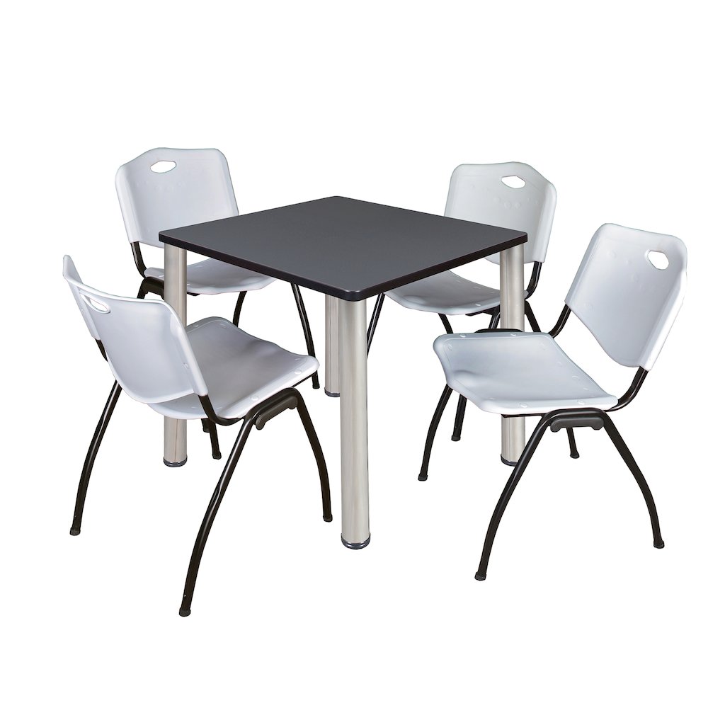 30 in Square Breakroom Table- Grey Top, Chrome Legs, 4 M Stack Chairs- Grey. Picture 1