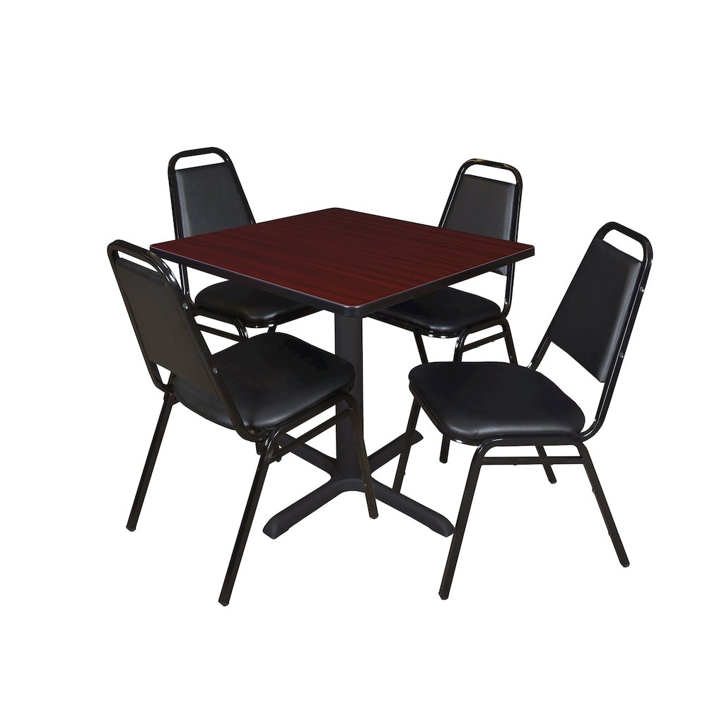 30 Square X-Base Breakroom Table- Mahogany & 4 Restaurant Stack Chairs- Black. Picture 1