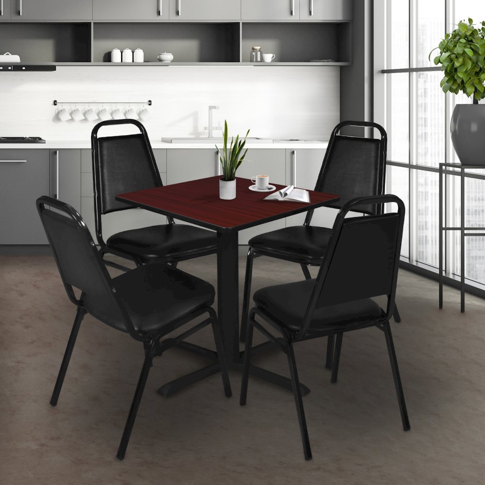 30 Square X-Base Breakroom Table- Mahogany & 4 Restaurant Stack Chairs- Black. Picture 9