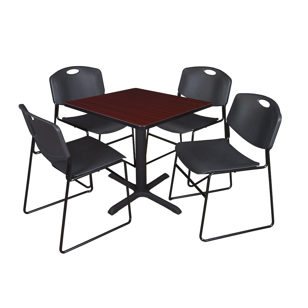 Small 30 Square X-Base Breakroom Table- Mahogany & 4 Zeng Stack Chairs- Black. Picture 1