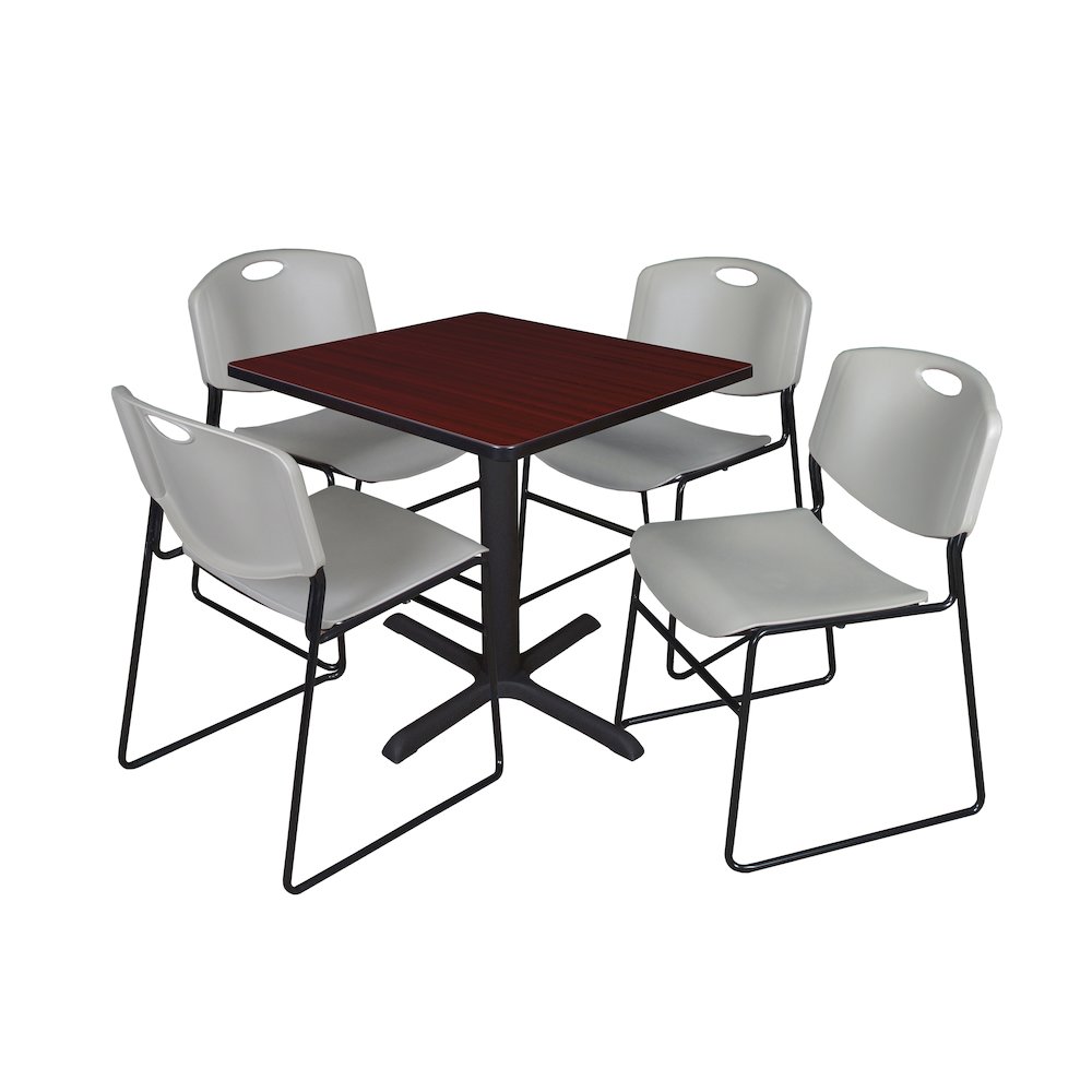 Small 30 in. Square X-Base Breakroom Table- Mahogany & 4 Zeng Stack Chairs- Grey. Picture 1