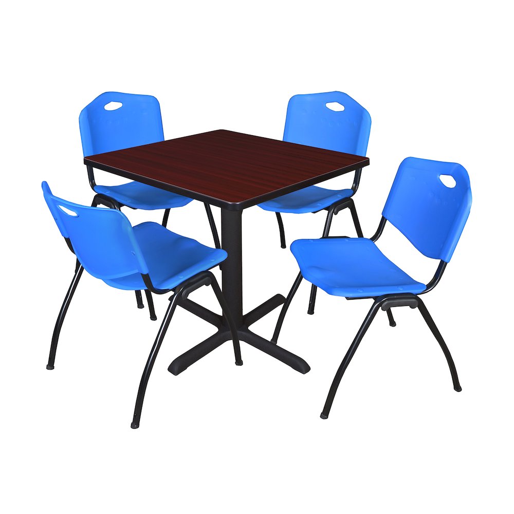 Small 30 in. Square X-Base Breakroom Table- Mahogany & 4 M Stack Chairs- Blue. Picture 1