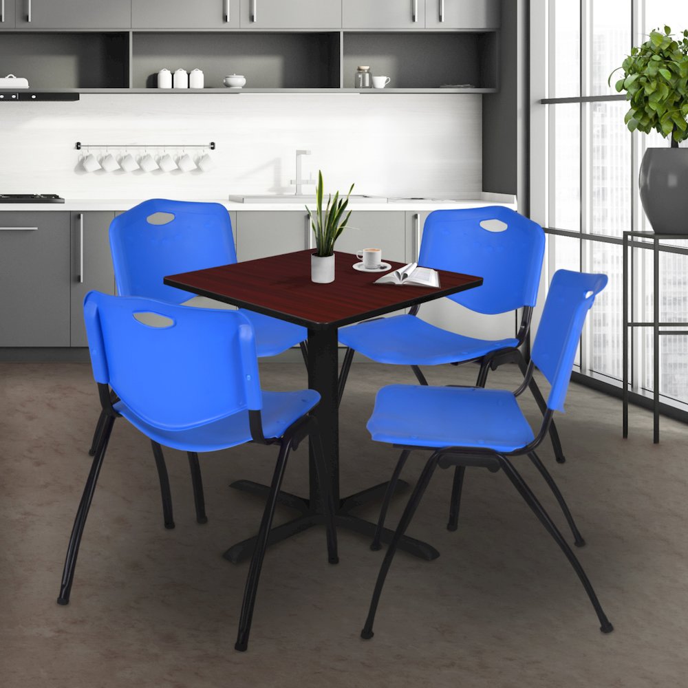 Small 30 in. Square X-Base Breakroom Table- Mahogany & 4 M Stack Chairs- Blue. Picture 9