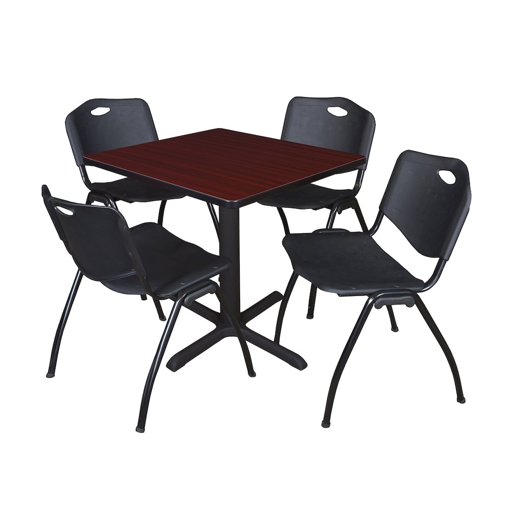 Small 30 in. Square X-Base Breakroom Table- Mahogany & 4 M Stack Chairs- Black. Picture 1