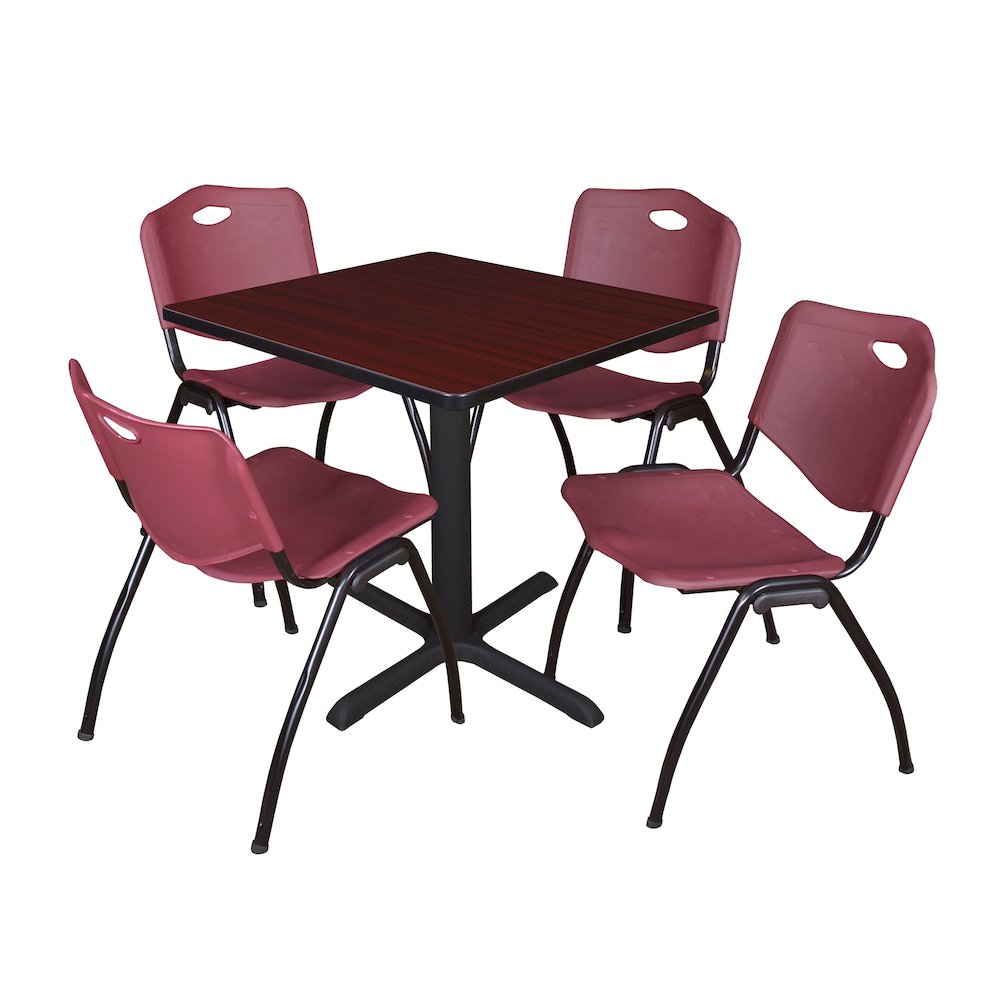 Small 30 Square X-Base Breakroom Table- Mahogany & 4 M Stack Chairs- Burgundy. Picture 1