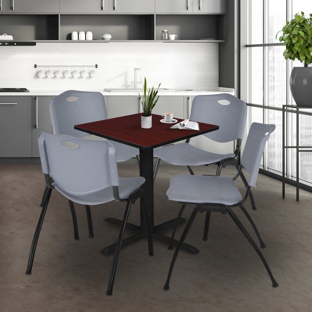 Small 30 in. Square X-Base Breakroom Table- Mahogany & 4 M Stack Chairs- Grey. Picture 9