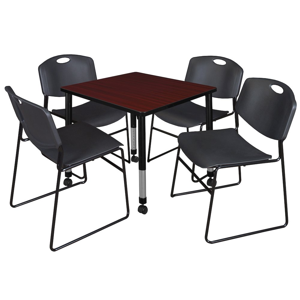 30 Square Mobile Classroom Table- Mahogany & 4 Zeng Stack Chairs- Black. Picture 1
