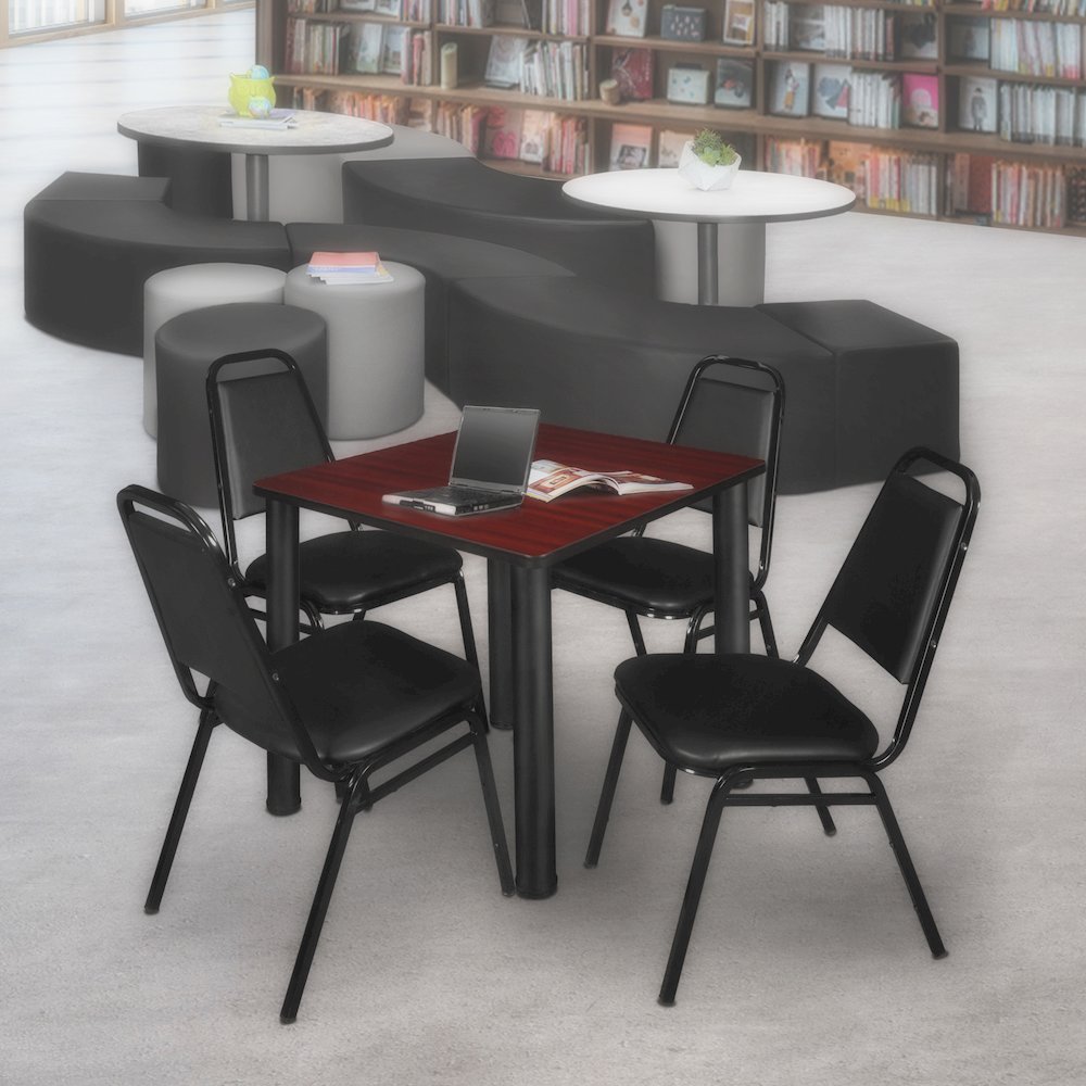 30 Square Breakroom Table- Mahogany Top, Black Legs, 4 Restaurant Stack Chairs. Picture 7