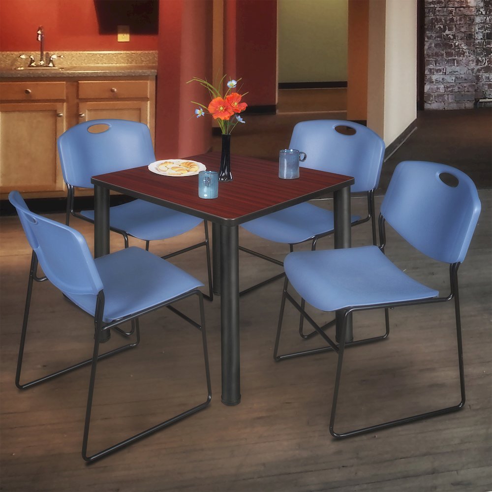 30 Square Breakroom Table- Mahogany Top, Black Legs, 4 Zeng Stack Chairs- Blue. Picture 7